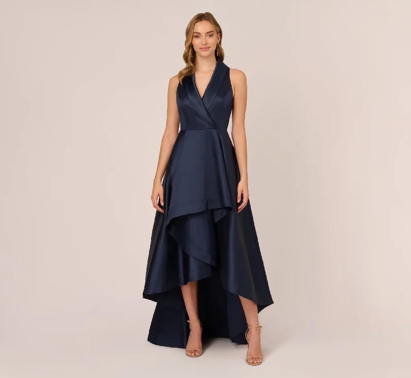 Mikado High/Low Midi-Length Tuxedo Gown In Midnight