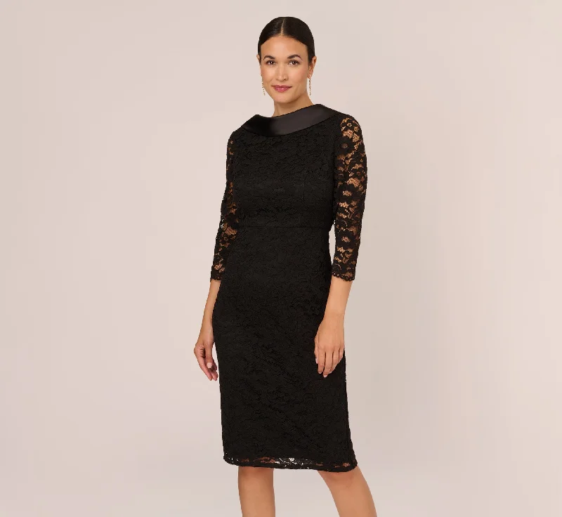 Roll Neck Lace Dress With Sheer Elbow Sleeves In Black