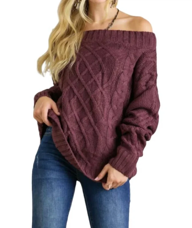 Lizzie Cable Knit Bardot Sweater In Eggplant