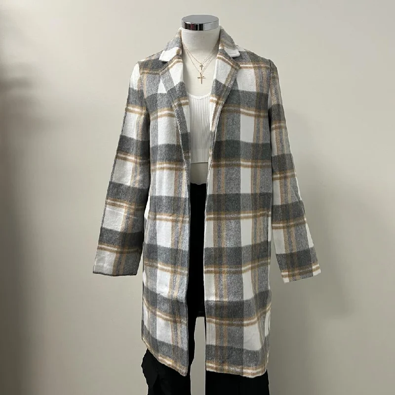 Laila Collared Plaid Wool Blend Full Coat-Grey