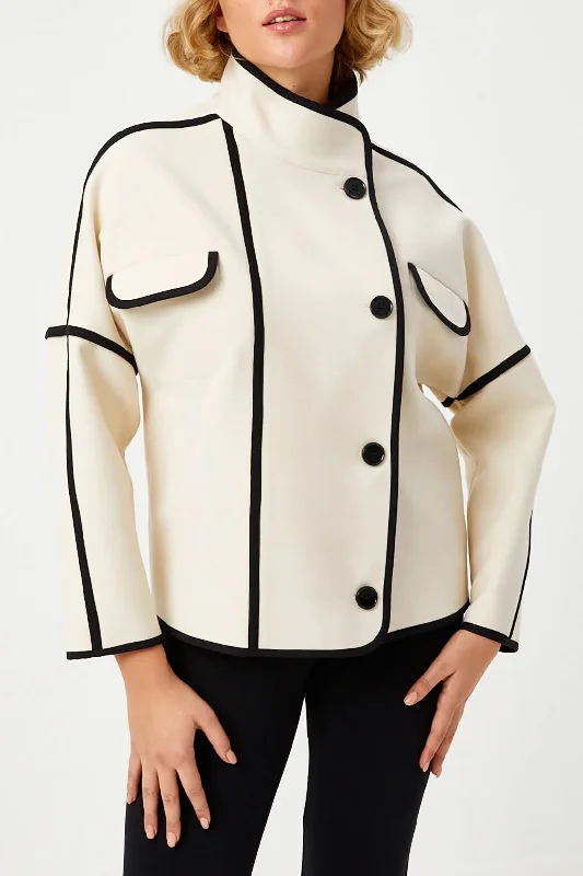 Button Contrast Binding Stand Collar Coat