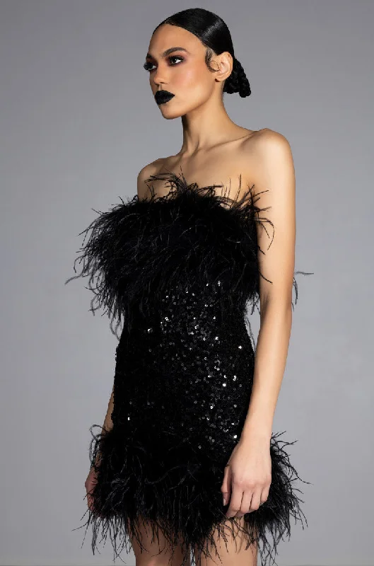 BON ANNIVERSAIRE FEATHER TRIM SEQUIN MINI DRESS