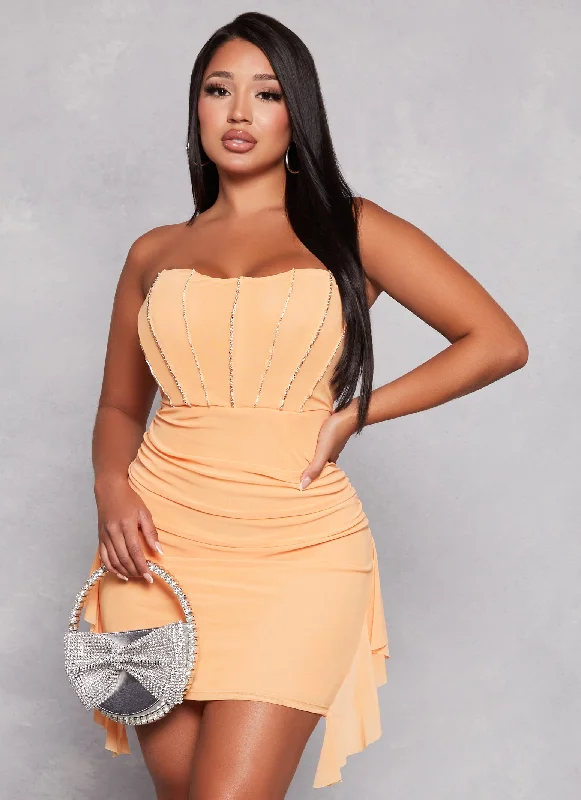 Rhinestone Ruched Corset Strapless Mini Dress